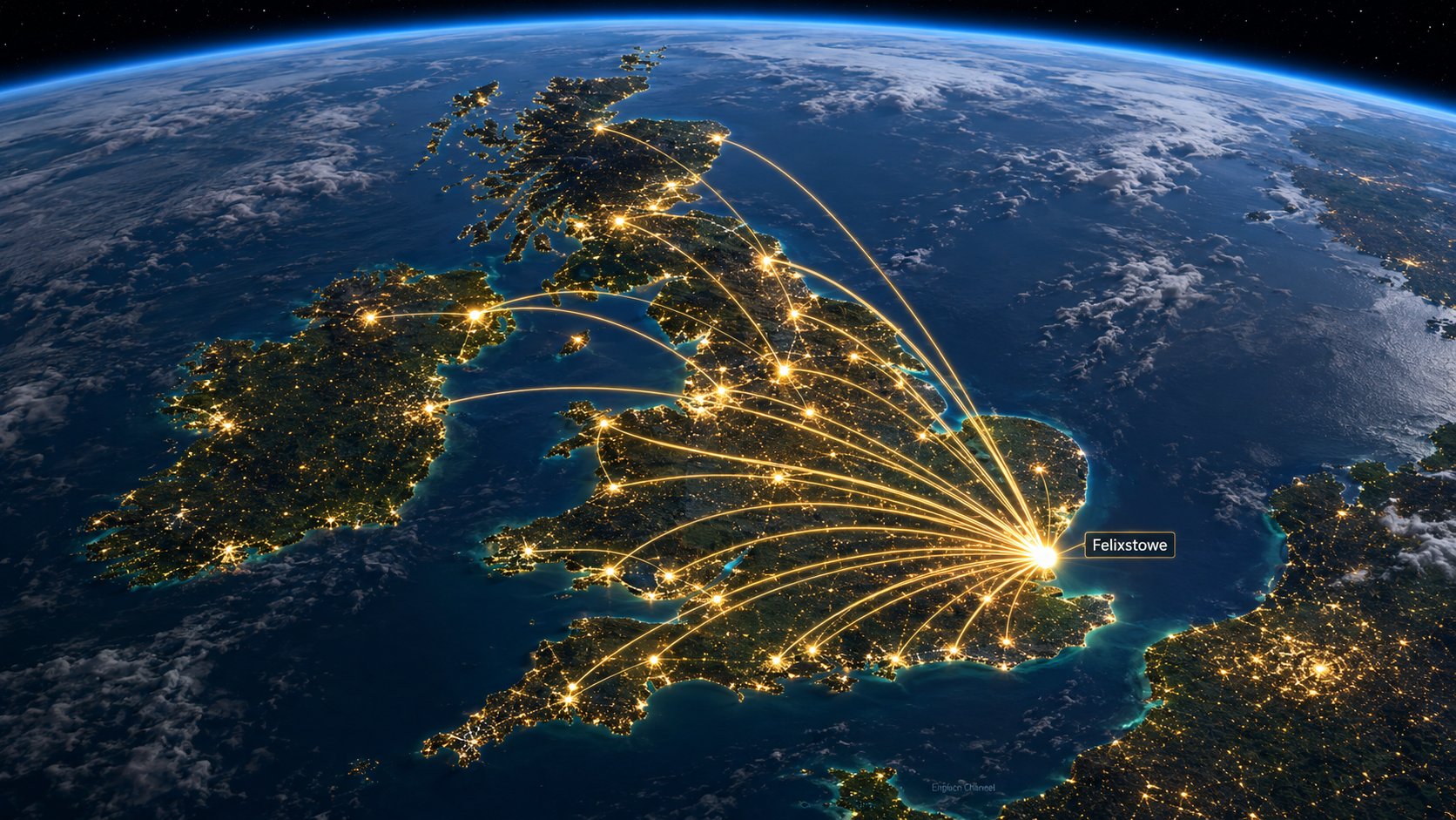 The United Kingdom from space with nationwide distribution routes